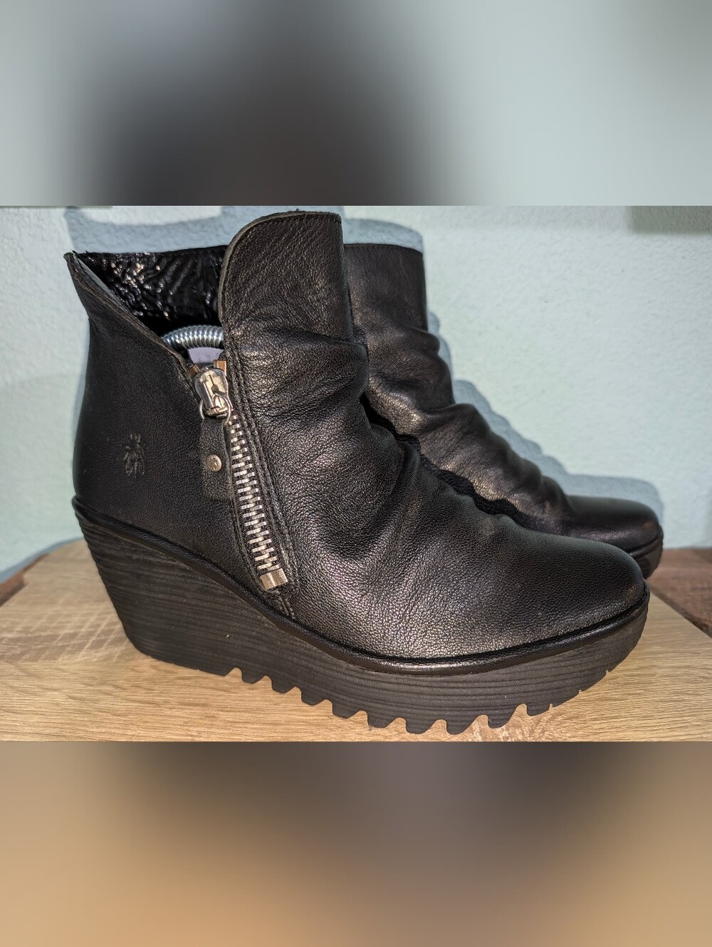 Fly London Black Leather Wedge Booties with Side Zip